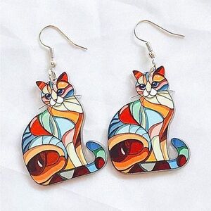 Colorful Cat Stained-Glass Style Drop Earrings